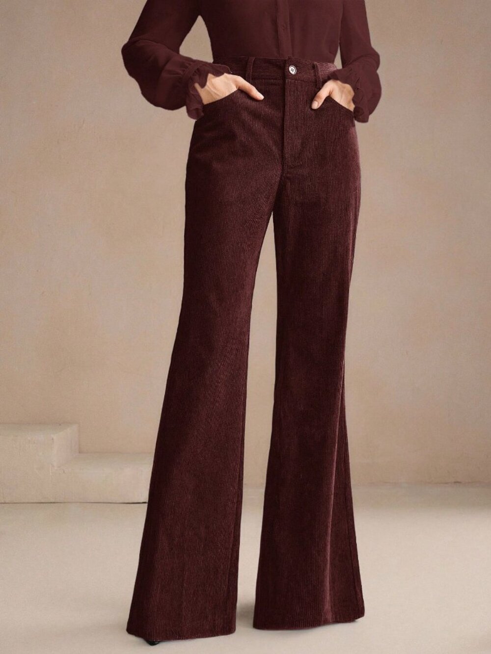 Rust Brown Casual Women's Embroidered Corduroy Flare Trousers - Picture 3 of 8